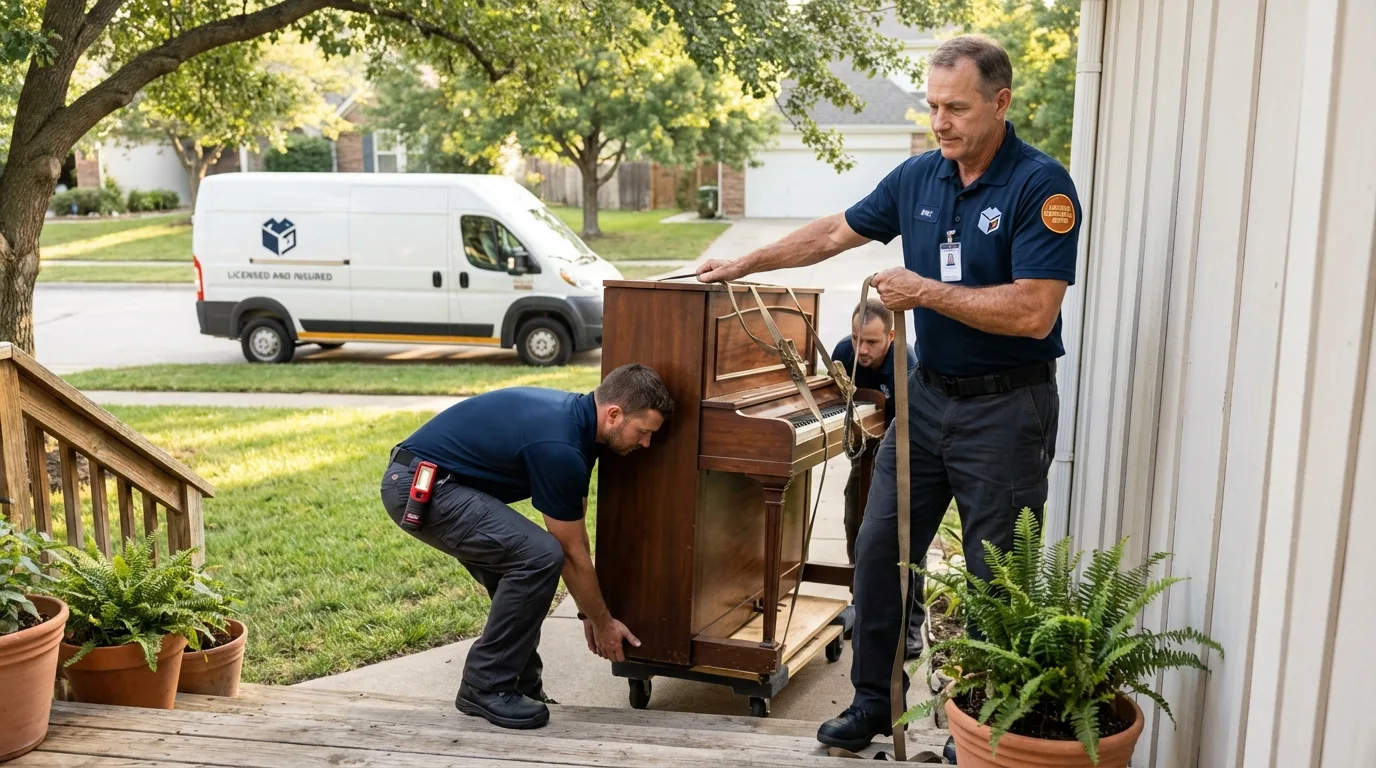 Licensed piano movers securing grand piano in Cherryvale, KS
